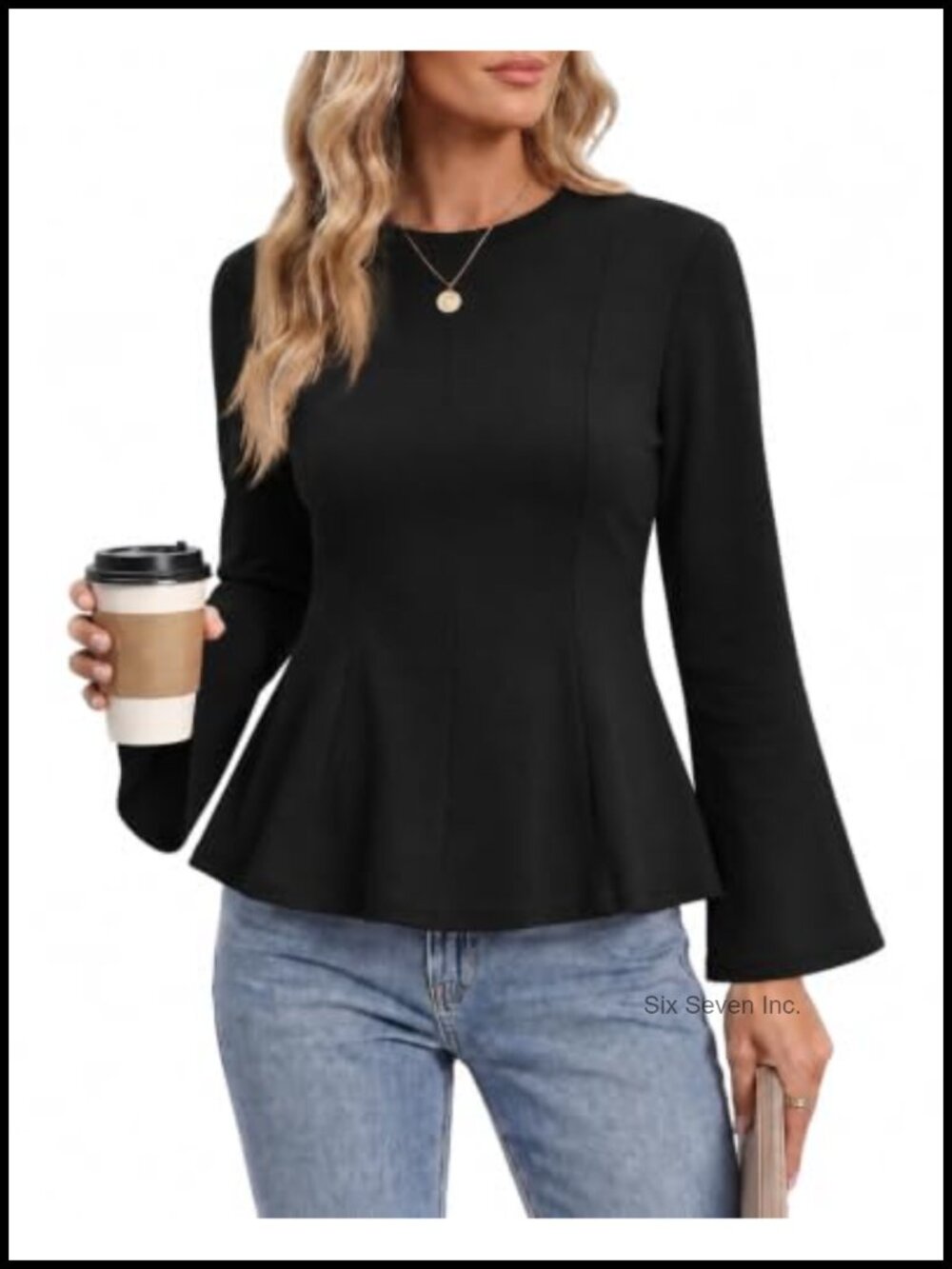 Women's Peplum Top Bell Sleeves Cotton Blend Business Casual Blouse